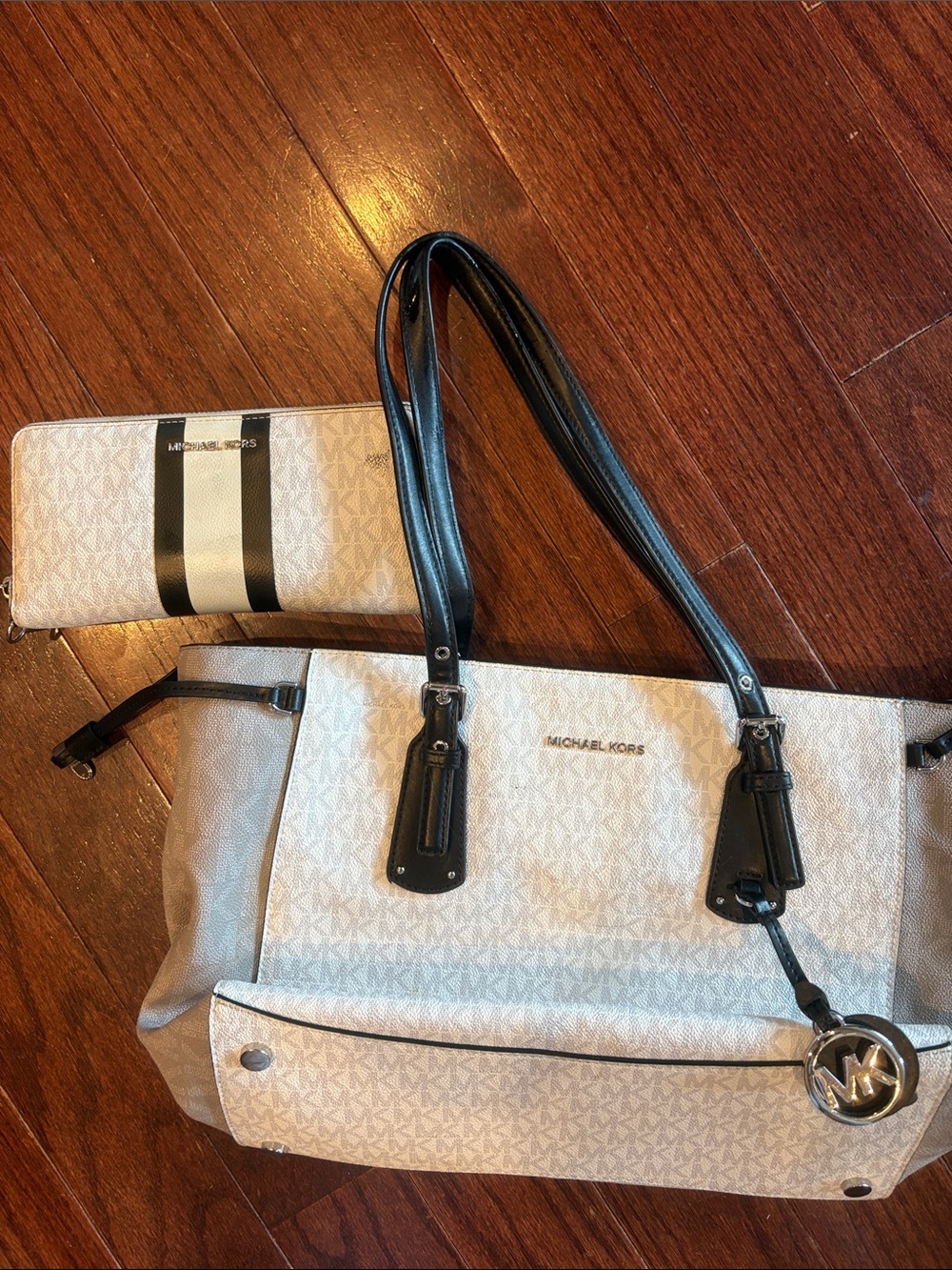 Michael Kors Cream and Black Signature Tote with Matching Wallet